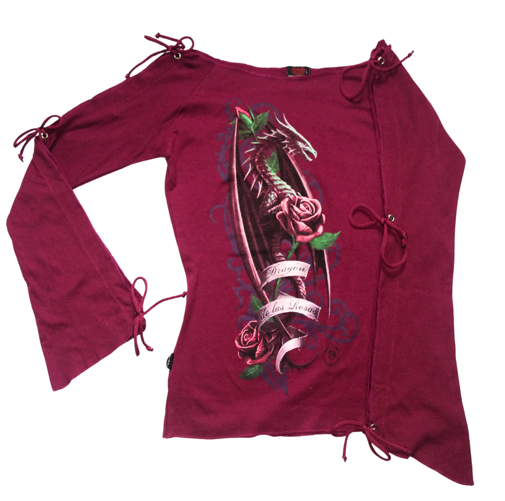 Y2K Wine Red Dragon Print Corset Tie Wing Sleeved Top
