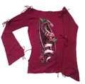 Y2K Wine Red Dragon Print Corset Tie Wing Sleeved Top
