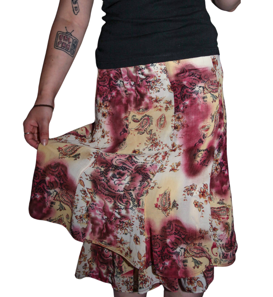 Dark Pink and Beige Floral 90s layered Midi Layered Flow Skirt