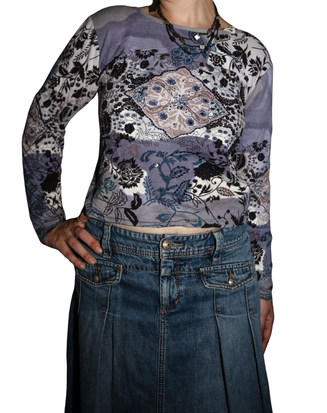 Blue/Grey Y2K Diamanté Sequin Beaded Mixed Print Long Sleeve