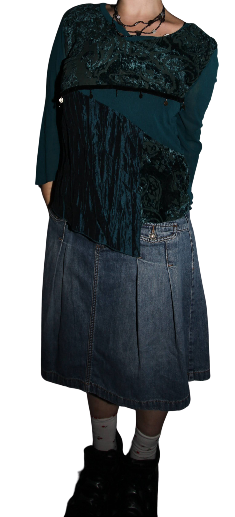 Teal Hippie Patchwork velvet flared sleeve top