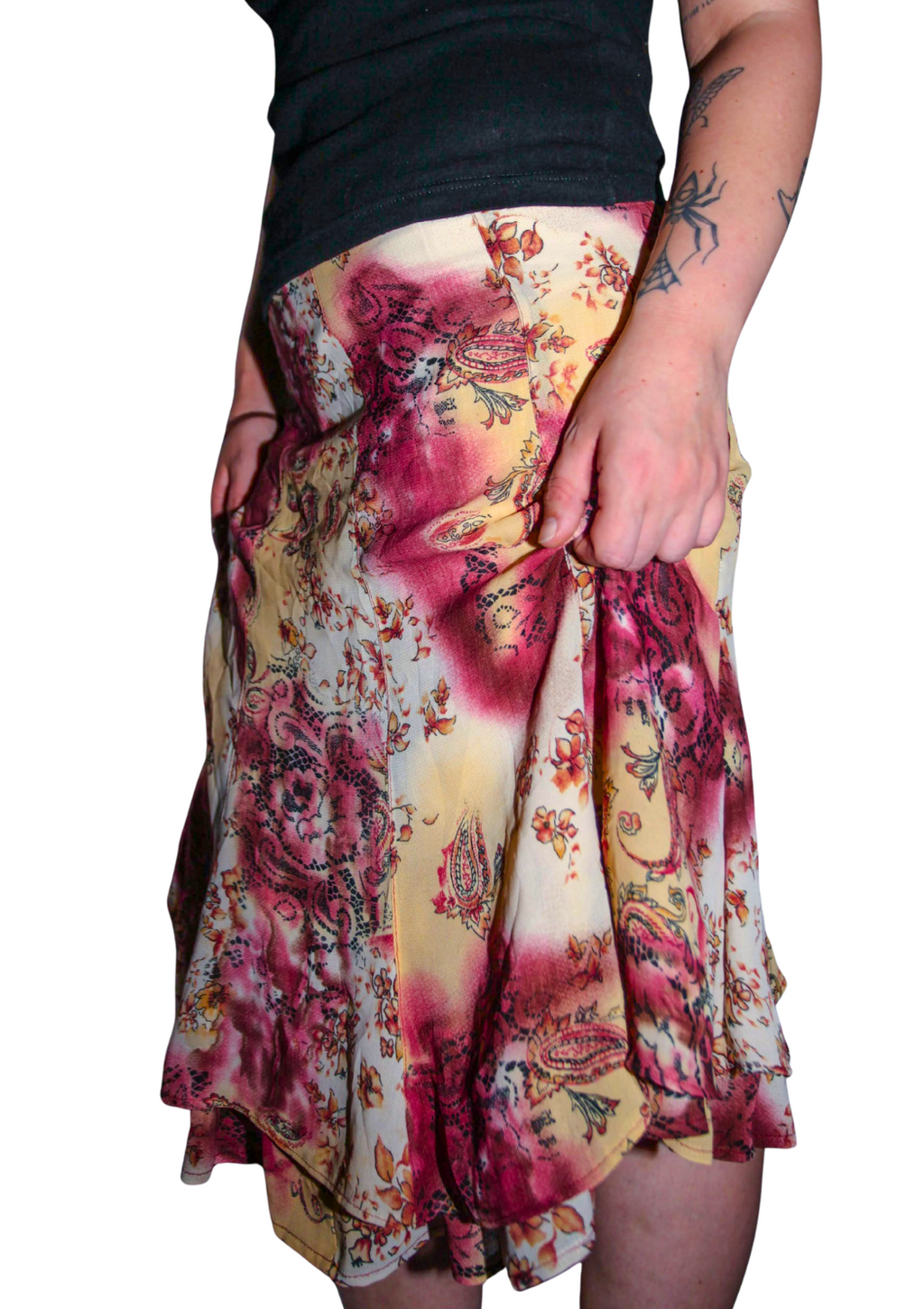 Dark Pink and Beige Floral 90s layered Midi Layered Flow Skirt