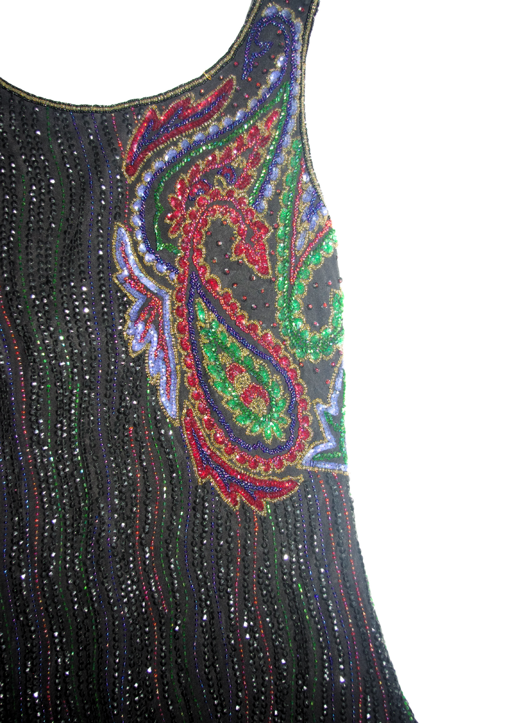 Black Maxi Dress with Multicolour Diamantés vertically Throughout Dress and Large Print