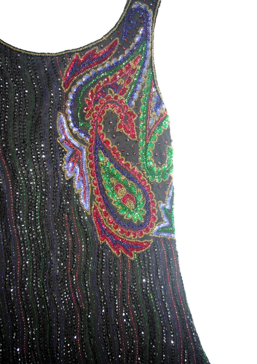 Black Maxi Dress with Multicolour Diamantés vertically Throughout Dress and Large Print