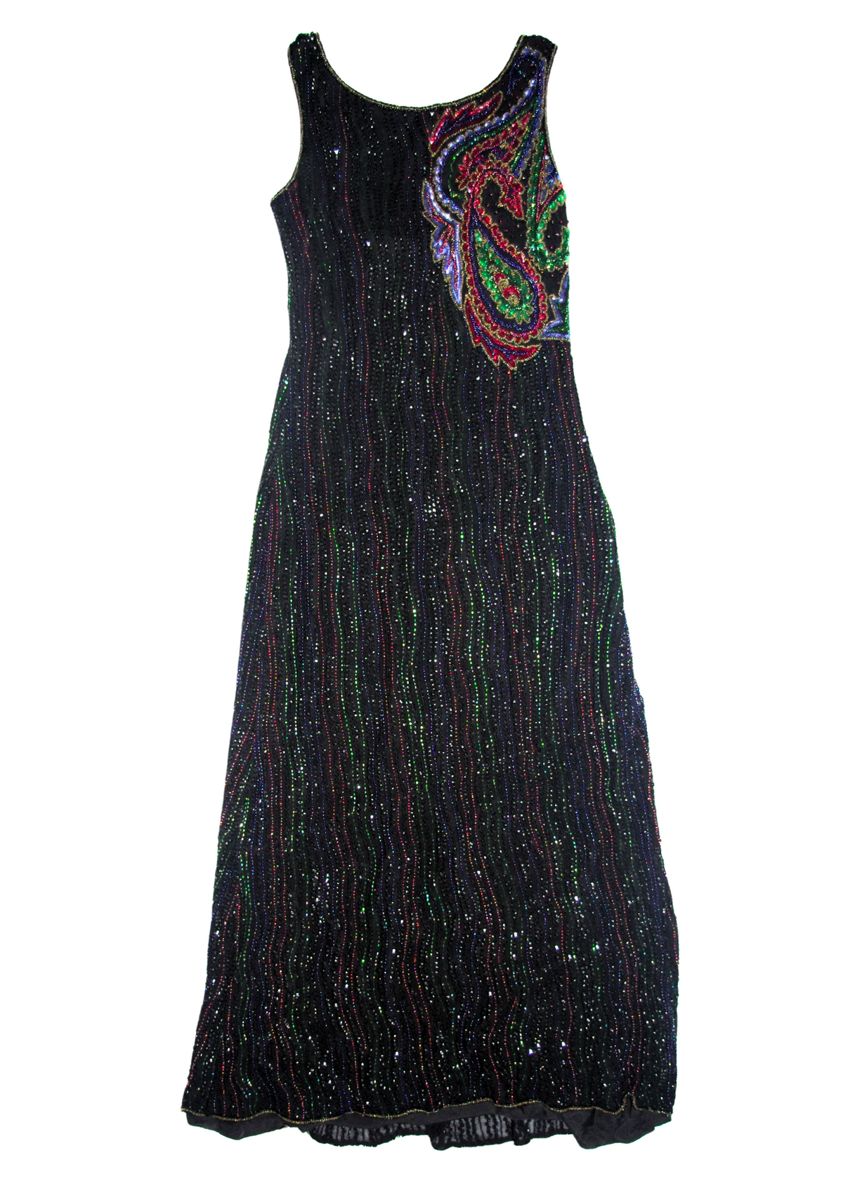 Black Maxi Dress with Multicolour Diamantés vertically Throughout Dress and Large Print