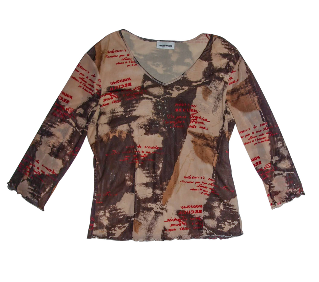 Brown Beige Graffiti Print Mesh Long Sleeve With Red Cursive writing
