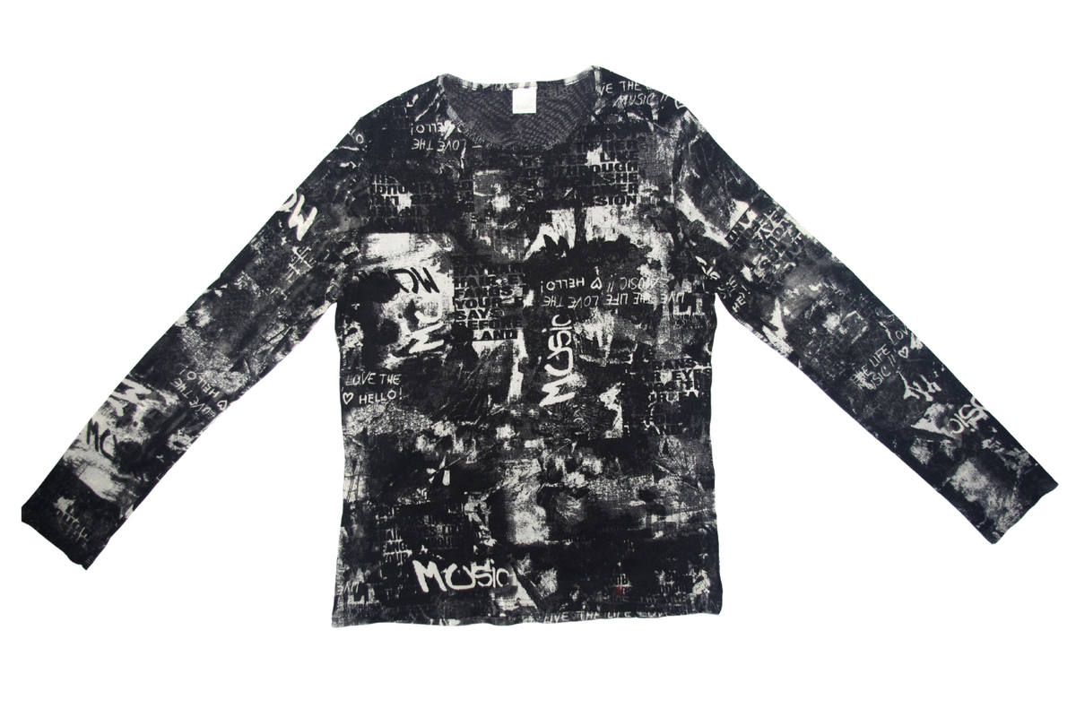 Camaïeu Black & White Graphic Mesh Long Sleeve Top