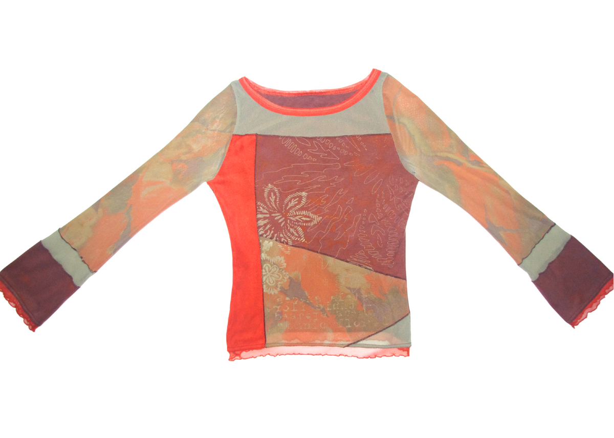 Orange & Green/Blue mesh Patchwork Long Sleeve Lettuce Hem Top
