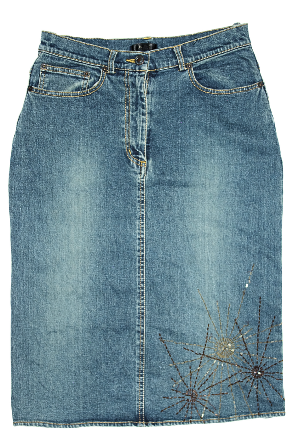 90s Denim Midi Straight Skirt with Warm Toned Beading Suns
