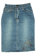 90s Denim Midi Straight Skirt with Warm Toned Beading Suns