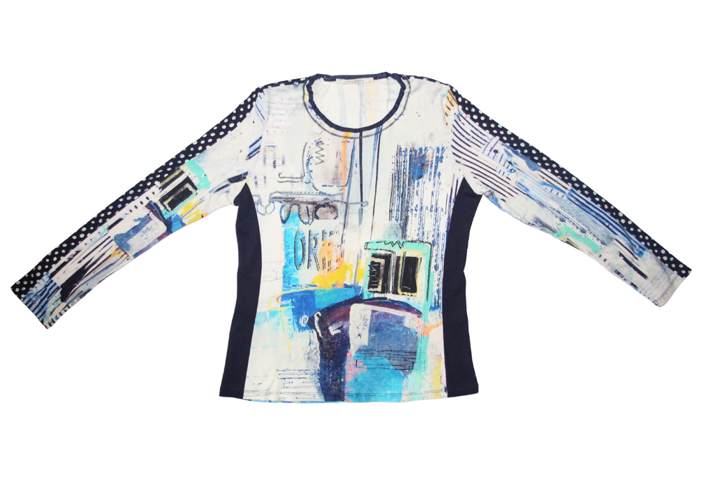 Abstract Graphic White & Blue Long Sleeve Top