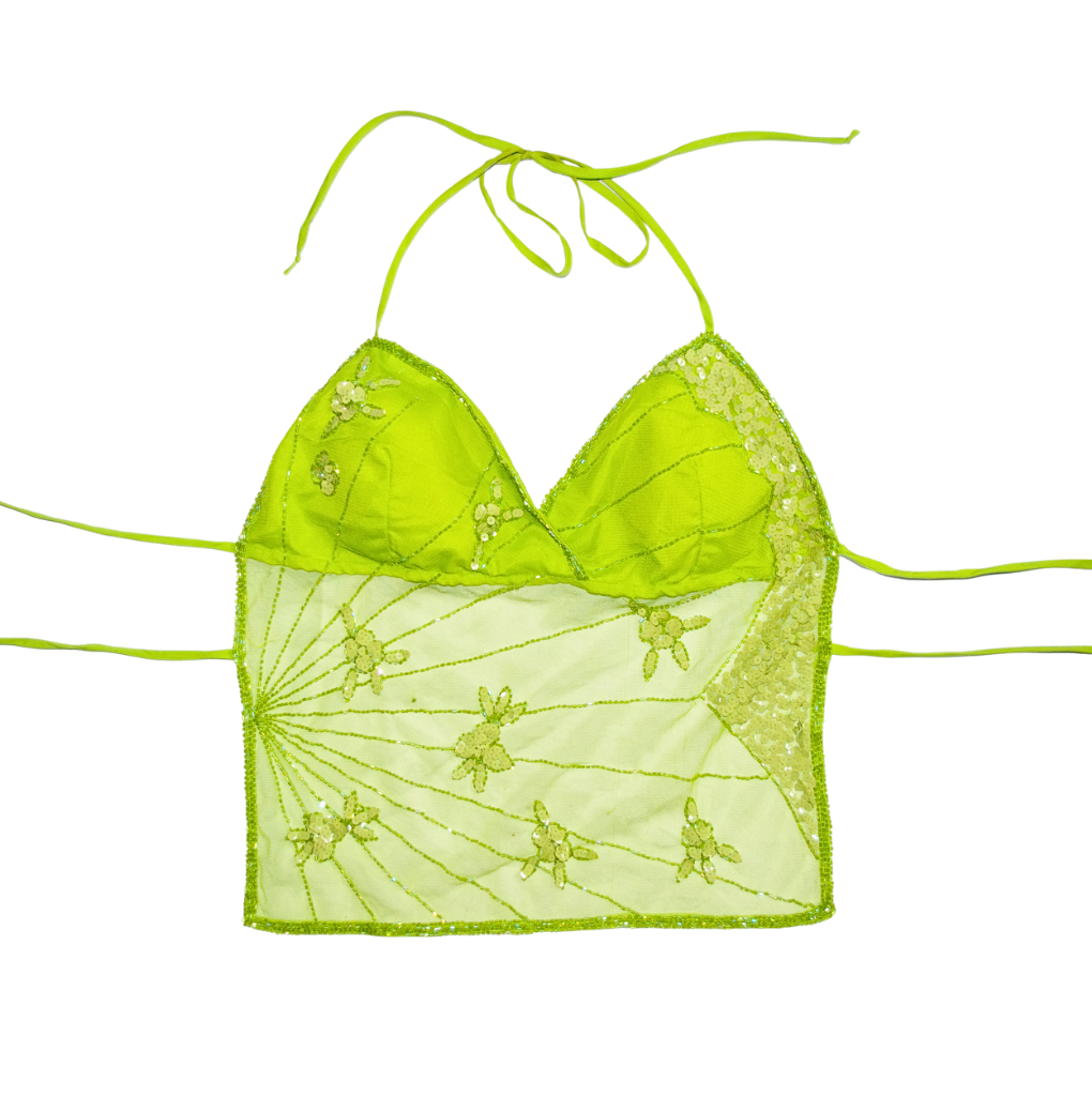 Vintage Y2K Seduction Lime Green Embroidered Beaded/Sequin Halter Top