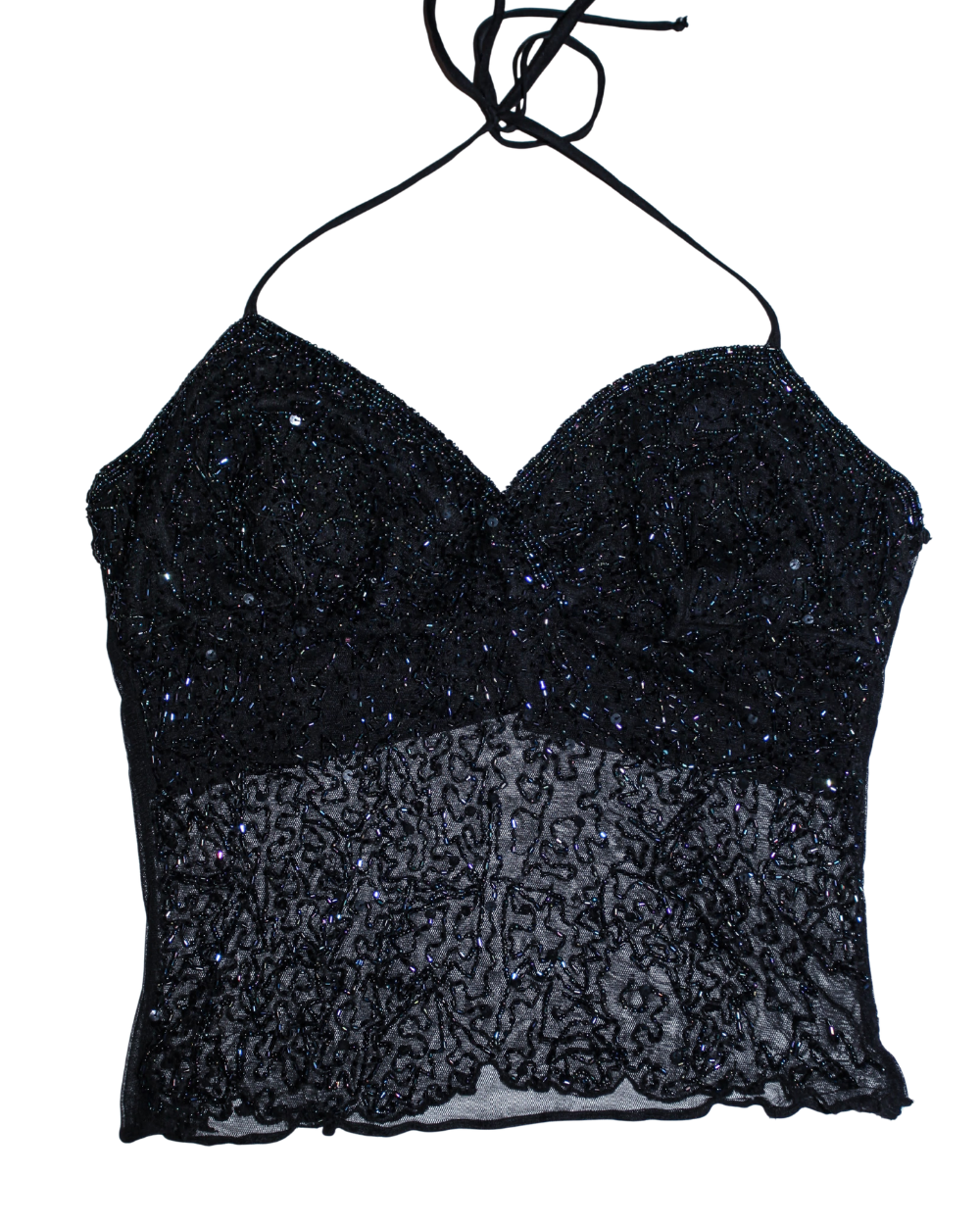Black Sparkly Sequin Beaded Halterneck Mesh Back