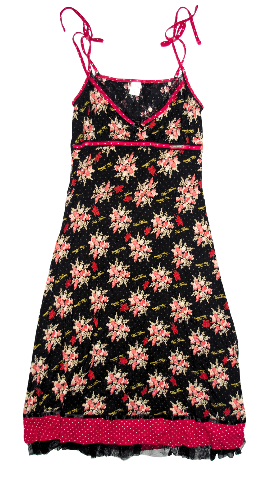Late '90s  Ditsy Floral Lace Trim Tie Strap Dress
