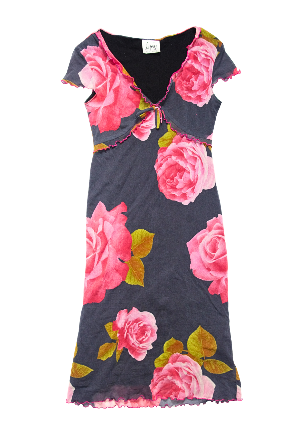 Grey Mesh Midi Dress with Pink Roses and Lettuce Hem