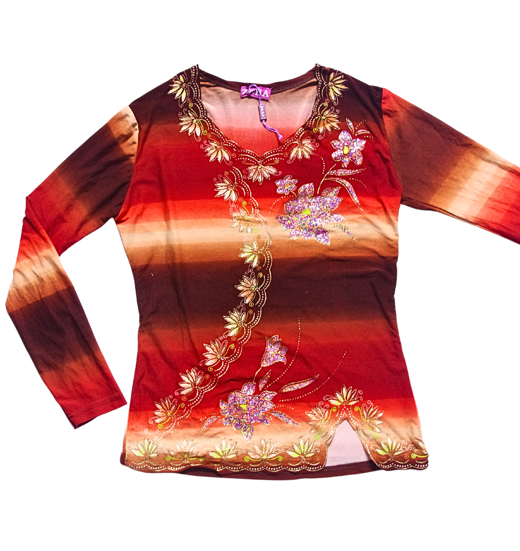 Hippie Red and Brown Gradient Floral Sparkly top