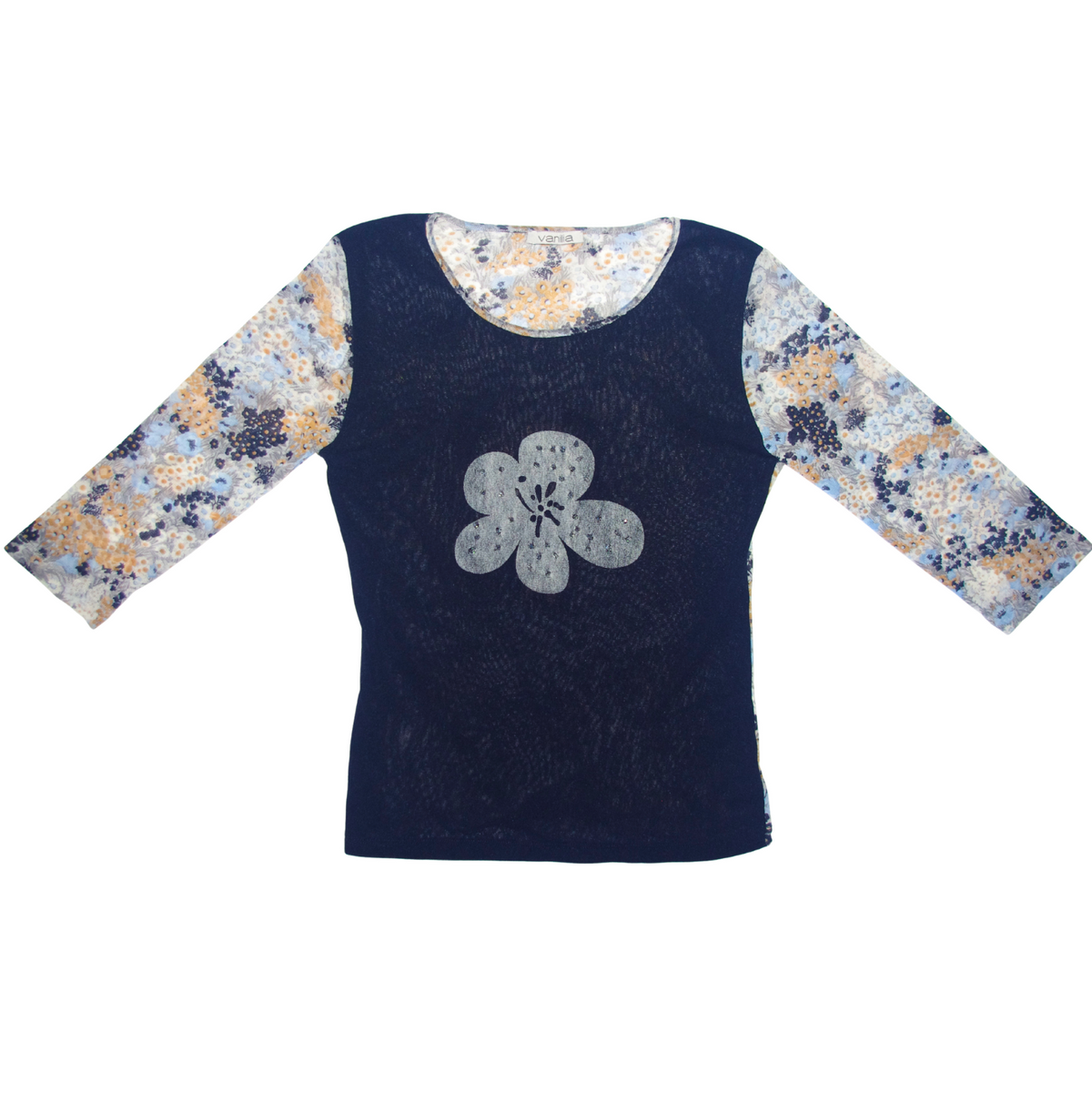 3/4 Sleeve Navy & Floral Pattern Mesh Top Flower Motif