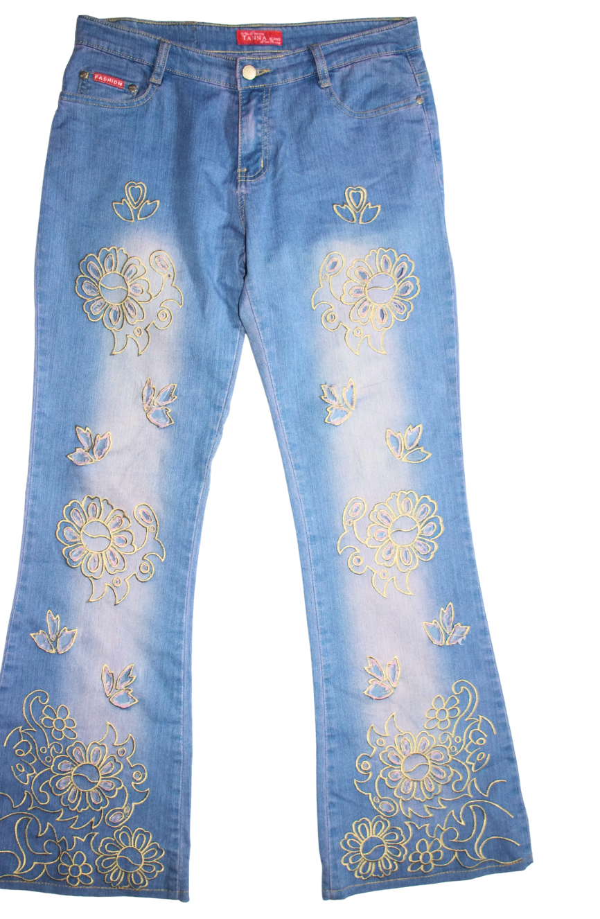 Light wash Floral Embroidered Flared Jeans