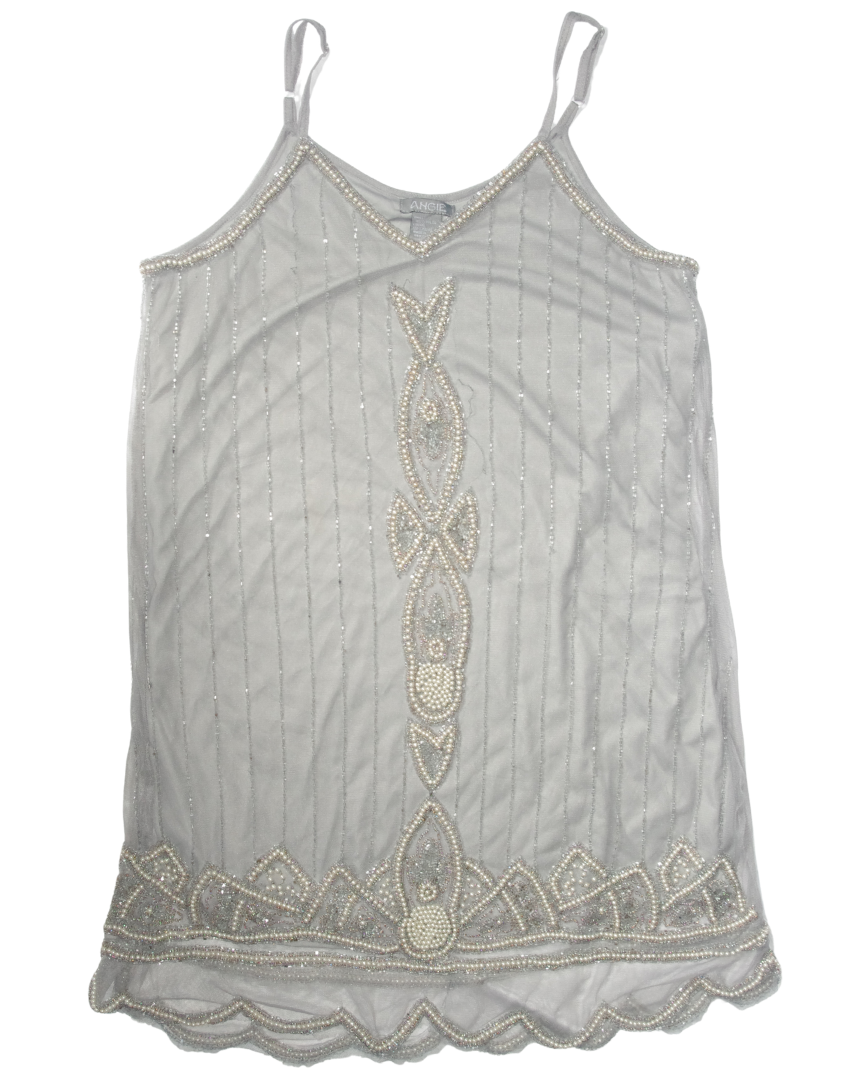 Grey Beaded Mesh Overlay Cami Dress