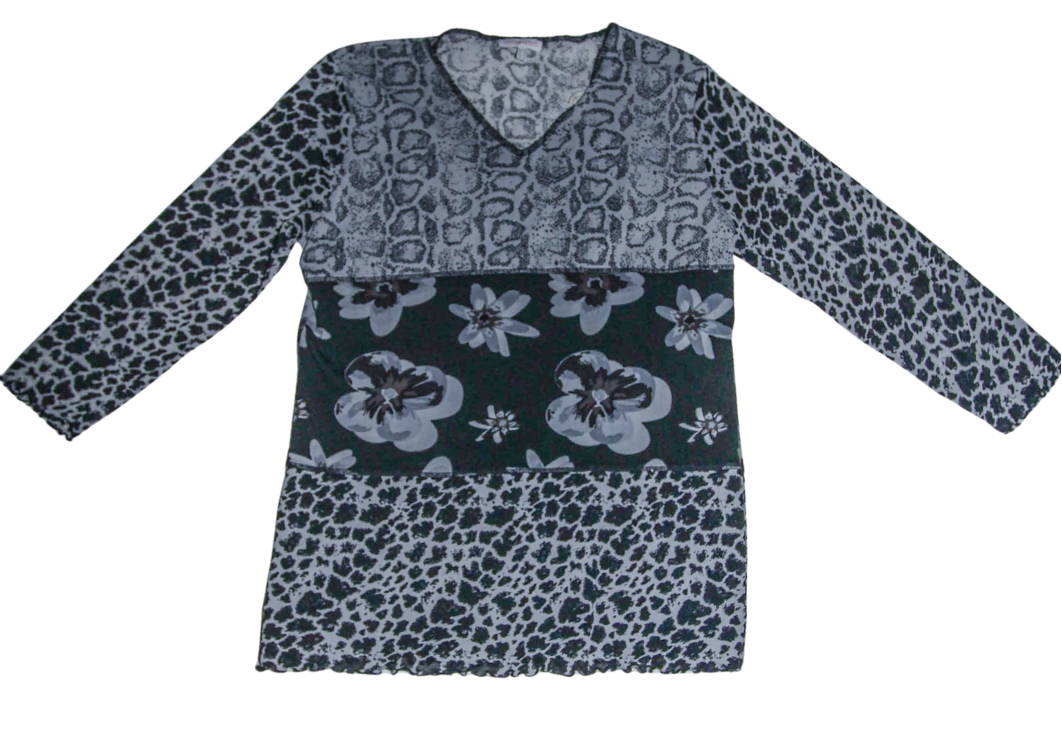 Black and Grey Floral Patchwork Mesh Long Sleeve