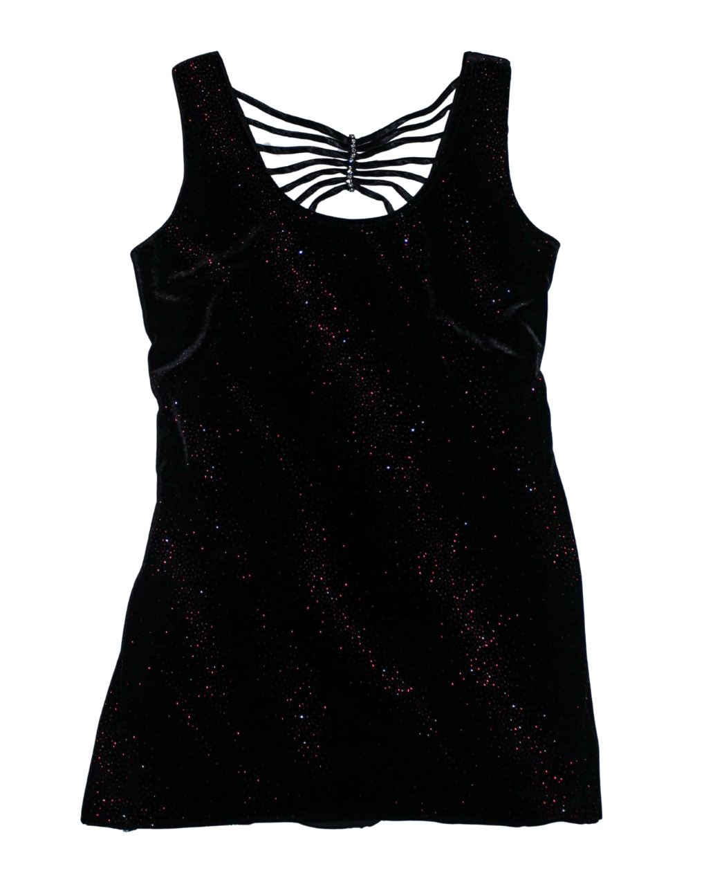 Black Velvet Strappy Mini Dress with Subtle Red Sparkles Throughout