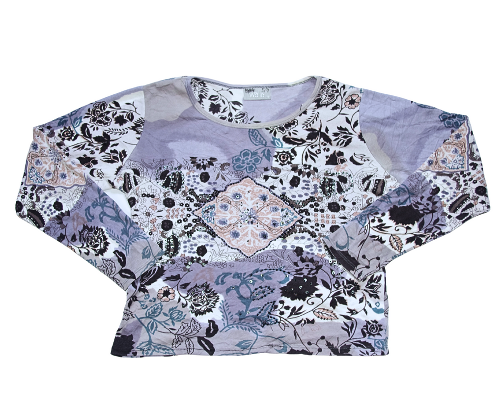 Blue/Grey Y2K Diamanté Sequin Beaded Mixed Print Long Sleeve