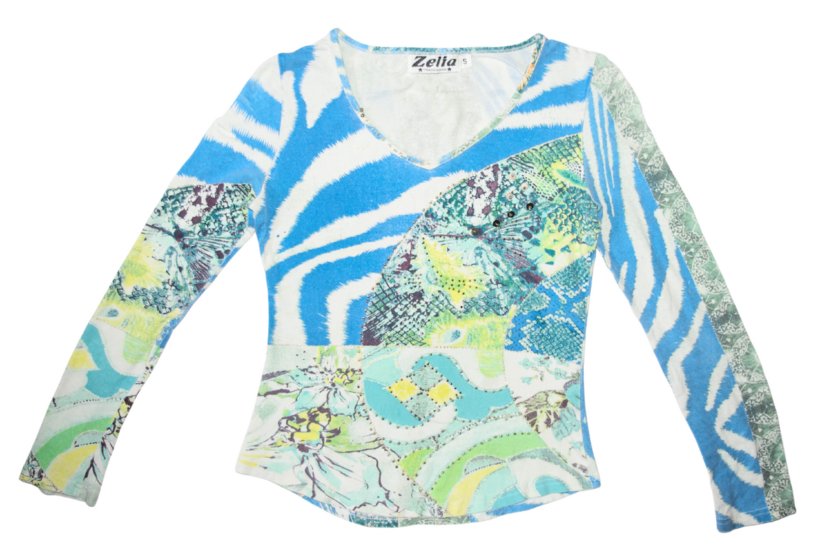 Zelia Blue Abstract Embellished Long Sleeve Top
