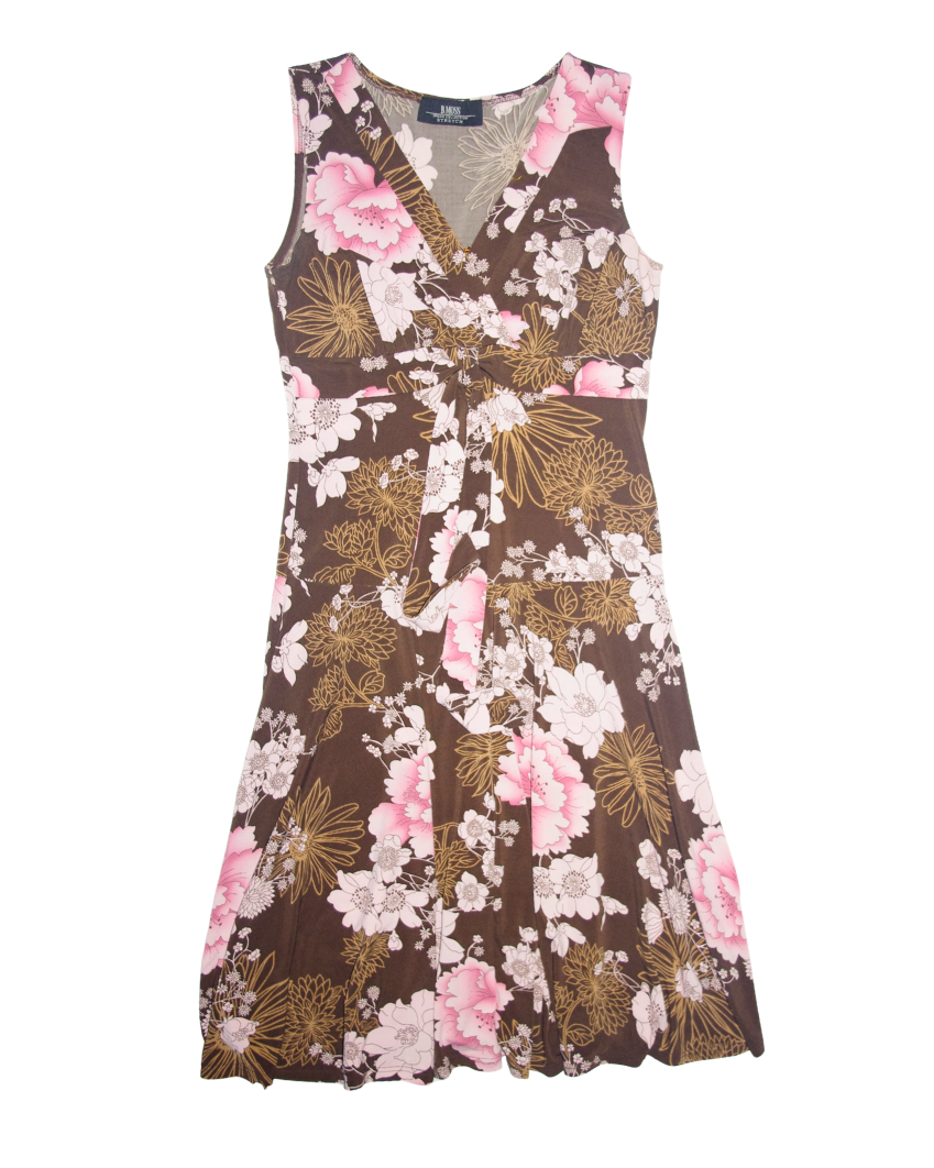 Brown and Pink Floral Midi Floaty Dress