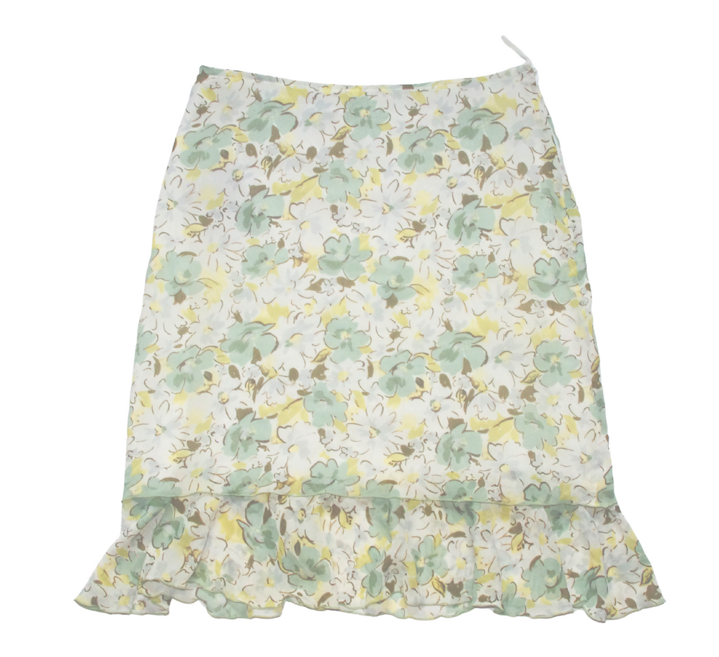 White Floral Y2K Midi Skirt with Green and Yellow Detailing