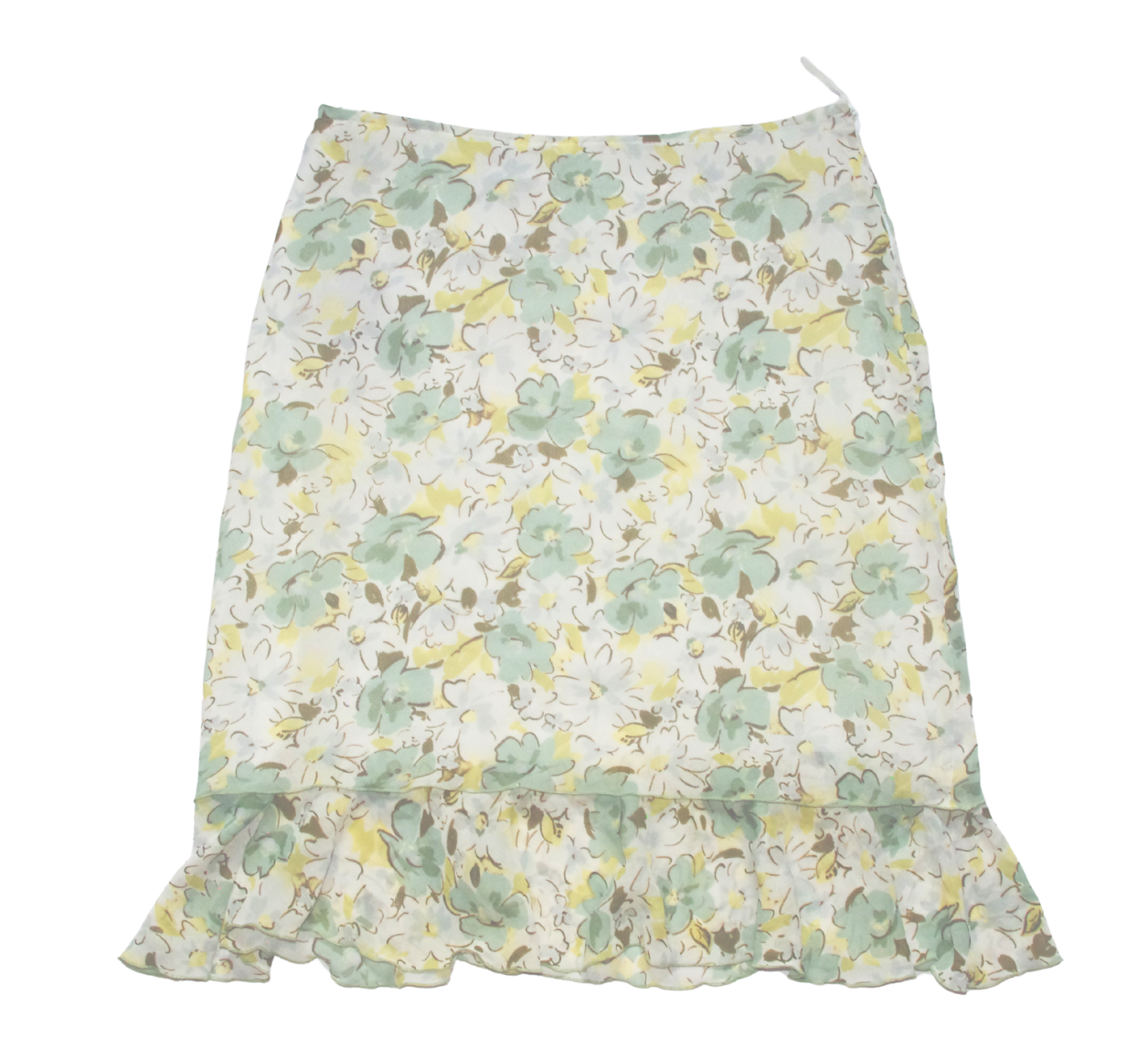 White Floral Y2K Midi Skirt with Green and Yellow Detailing
