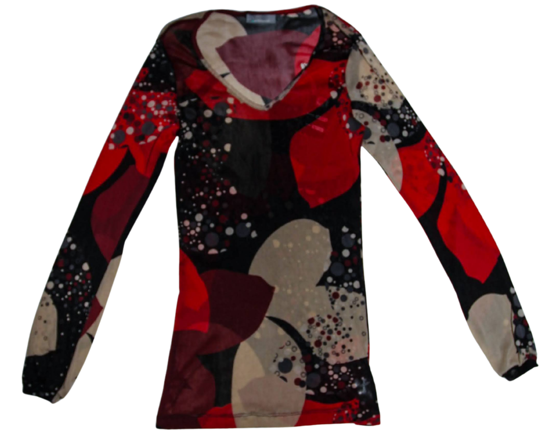 Red Black Beige Mesh Abstract Patterned Long Sleeve Top