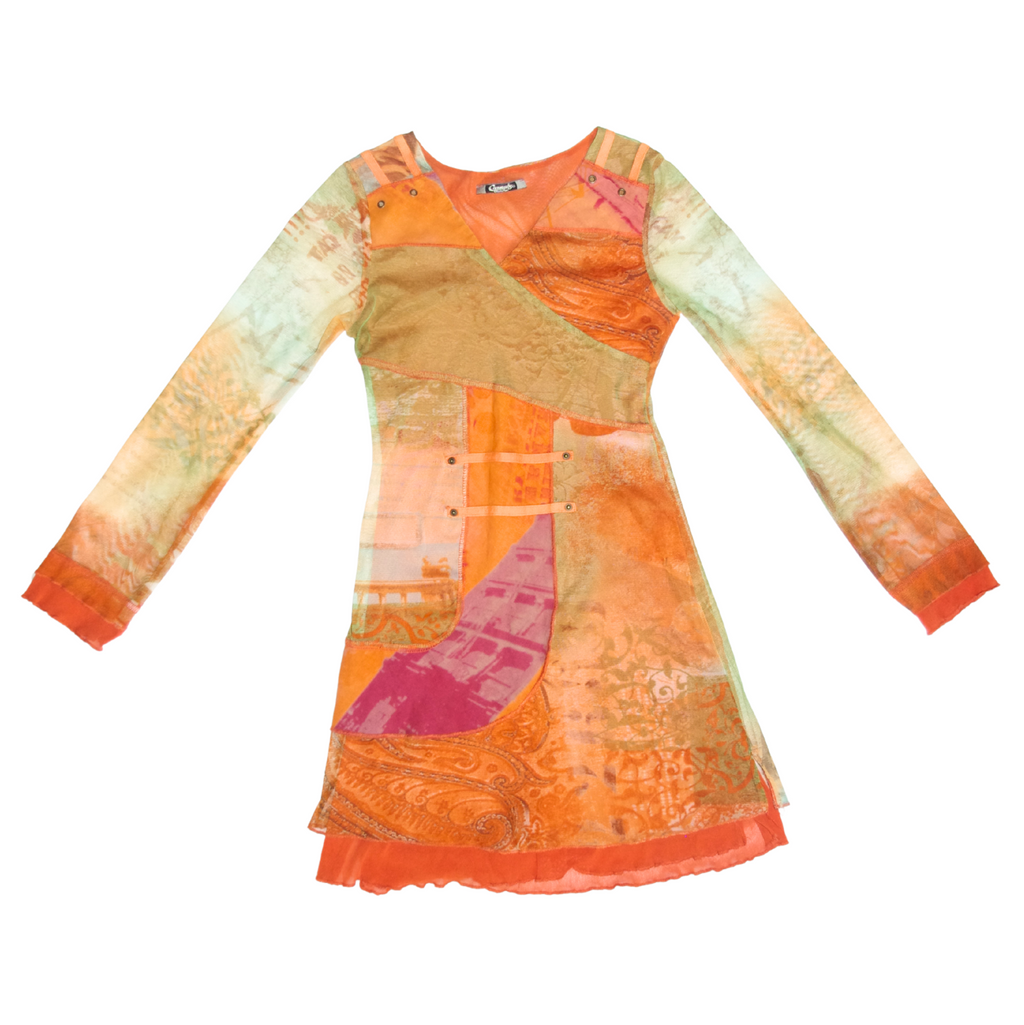 Orange Patchwork Mesh Layered Dress