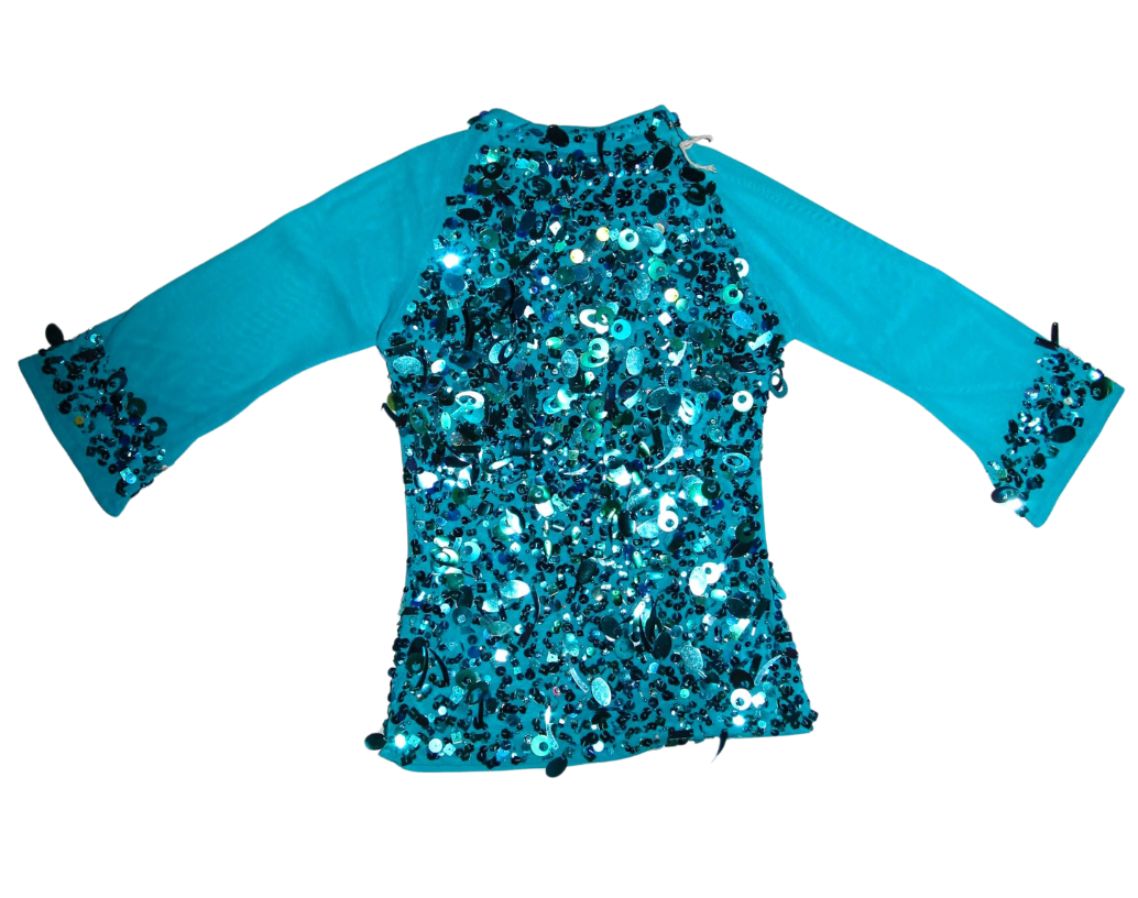 Y2K Blue Large Sequined Long Sleeve Mesh Top