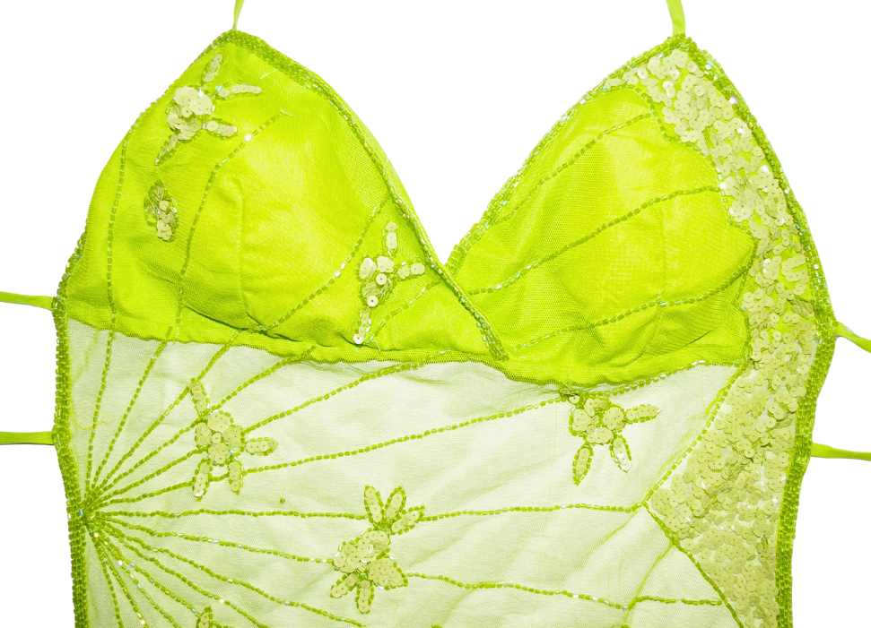 Vintage Y2K Seduction Lime Green Embroidered Beaded/Sequin Halter Top