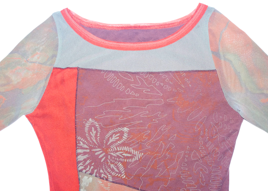 Orange & Green/Blue mesh Patchwork Long Sleeve Lettuce Hem Top