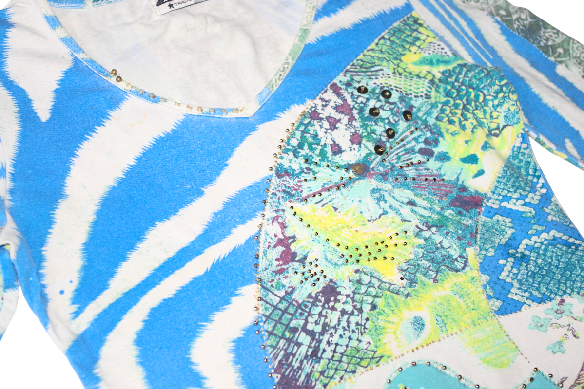 Zelia Blue Abstract Embellished Long Sleeve Top