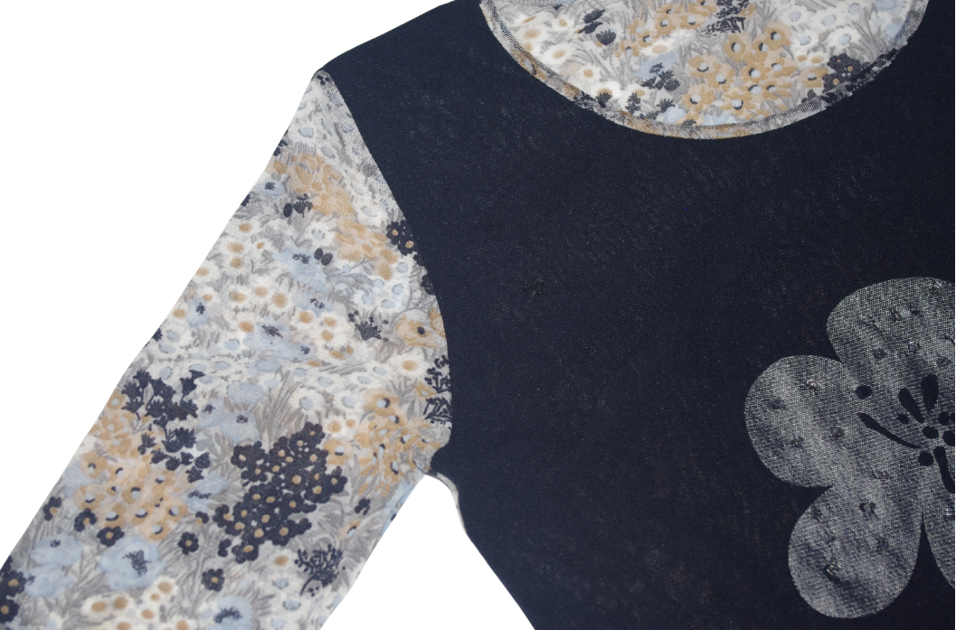 3/4 Sleeve Navy & Floral Pattern Mesh Top Flower Motif