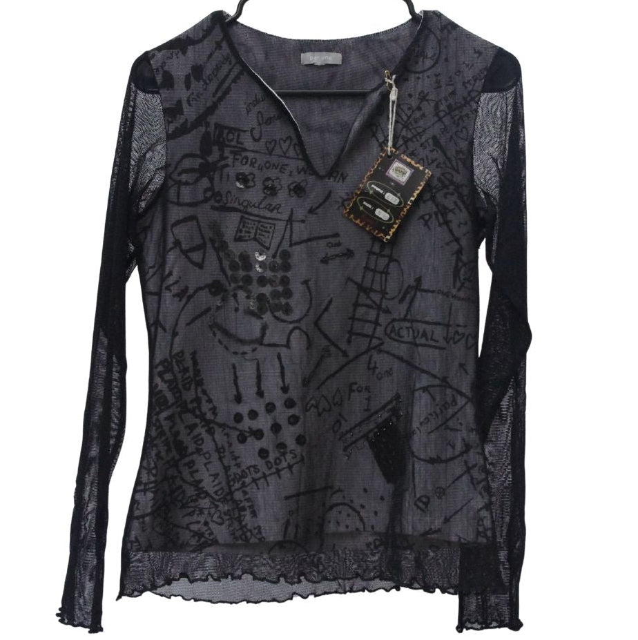 Grunge black mesh long sleeve graffiti top