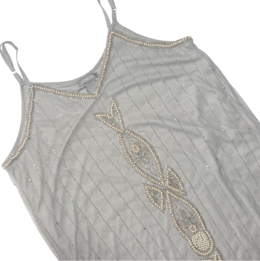 Grey Beaded Mesh Overlay Cami Dress