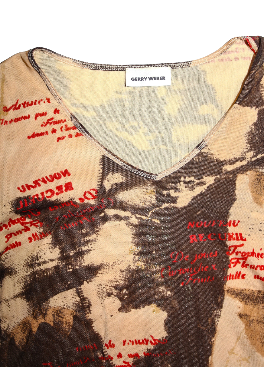 Brown Beige Graffiti Print Mesh Long Sleeve With Red Cursive writing
