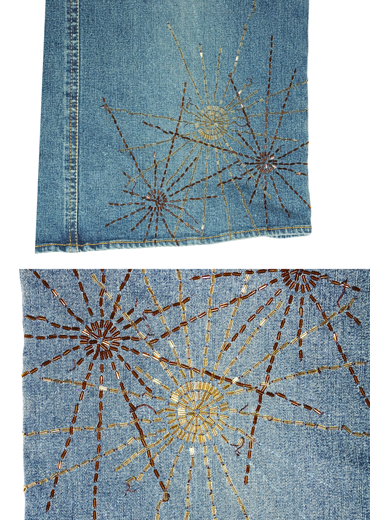90s Denim Midi Straight Skirt with Warm Toned Beading Suns