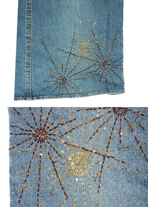90s Denim Midi Straight Skirt with Warm Toned Beading Suns