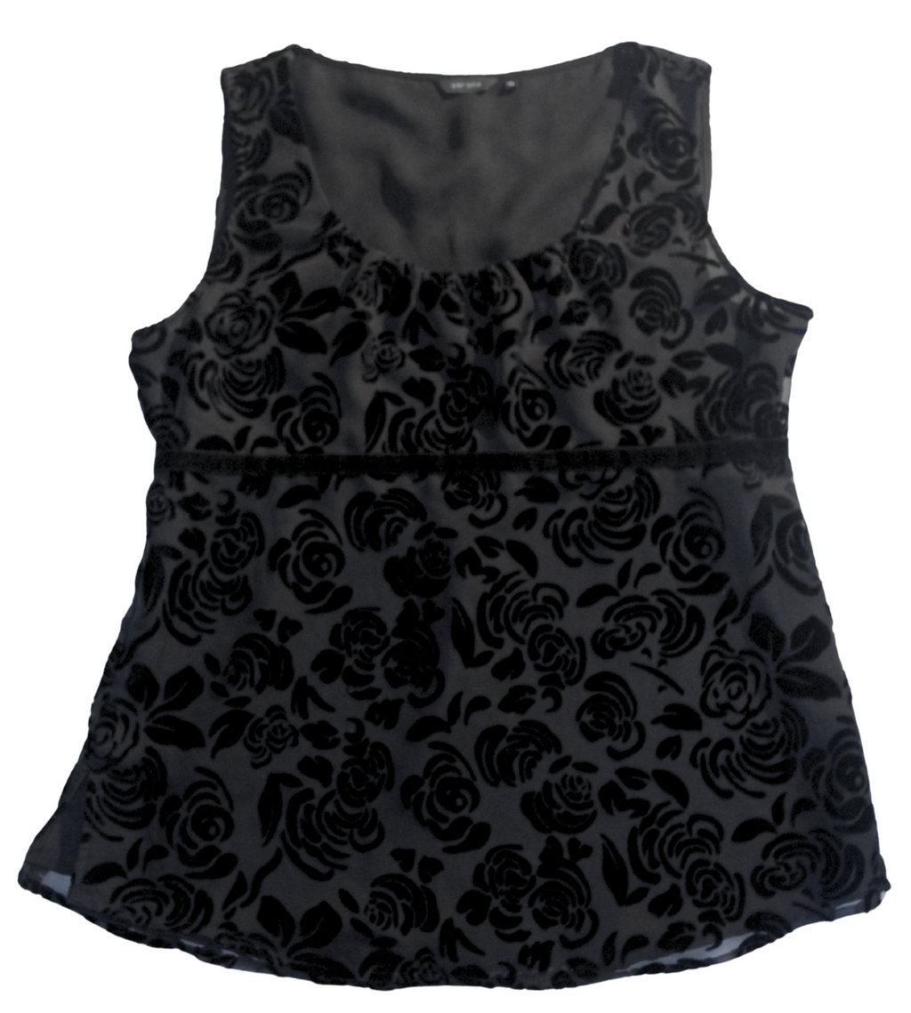 Black Baby Doll Style Sleeveless Top with Velvet Floral Detailing