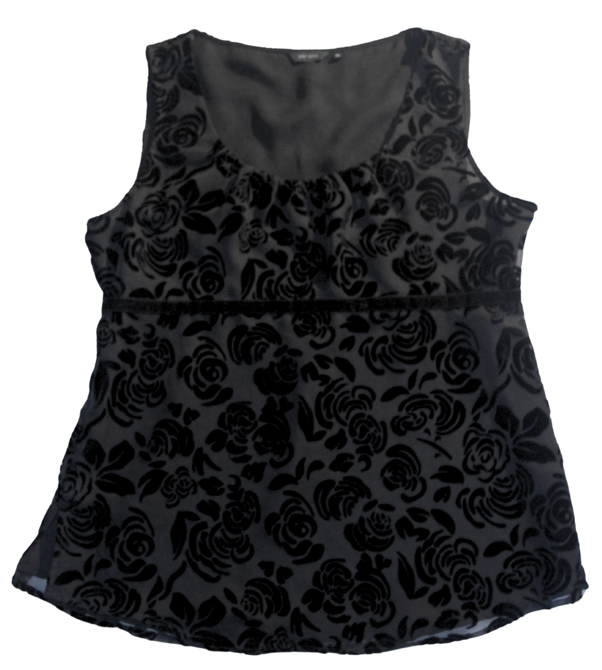 Black Baby Doll Style Sleeveless Top with Velvet Floral Detailing