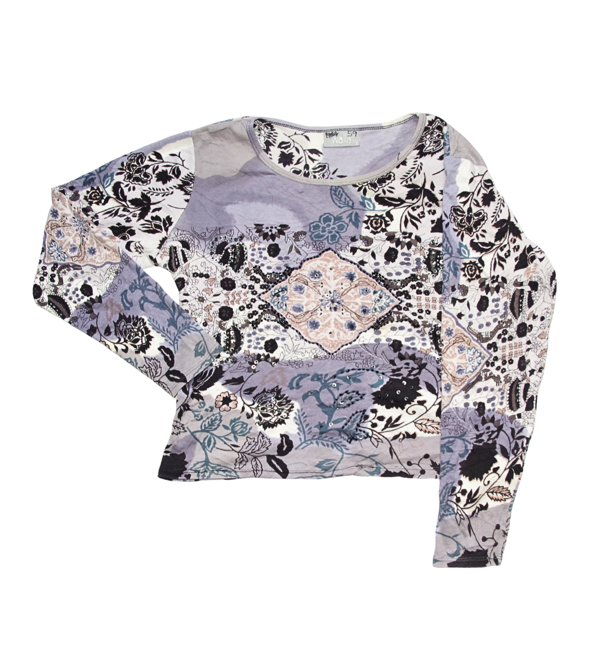 Blue/Grey Y2K Diamanté Sequin Beaded Mixed Print Long Sleeve