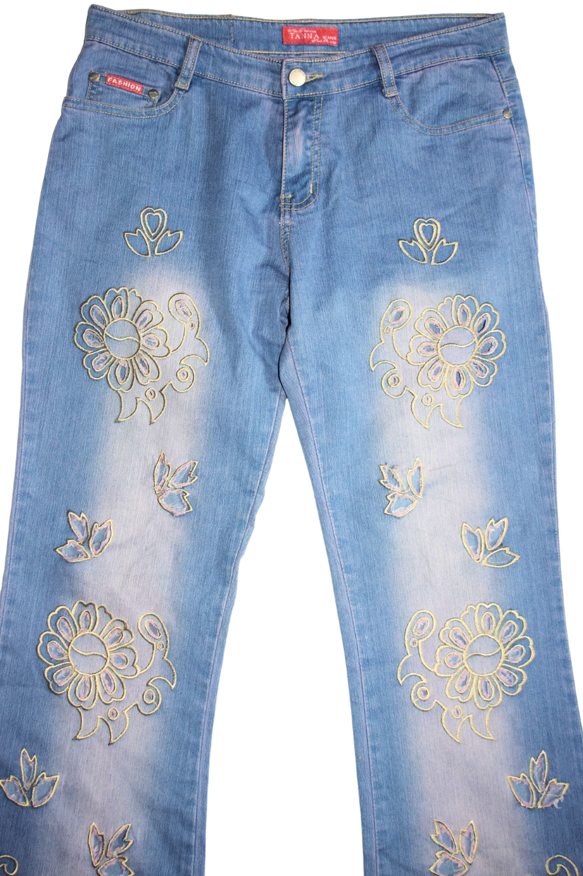 Light wash Floral Embroidered Flared Jeans