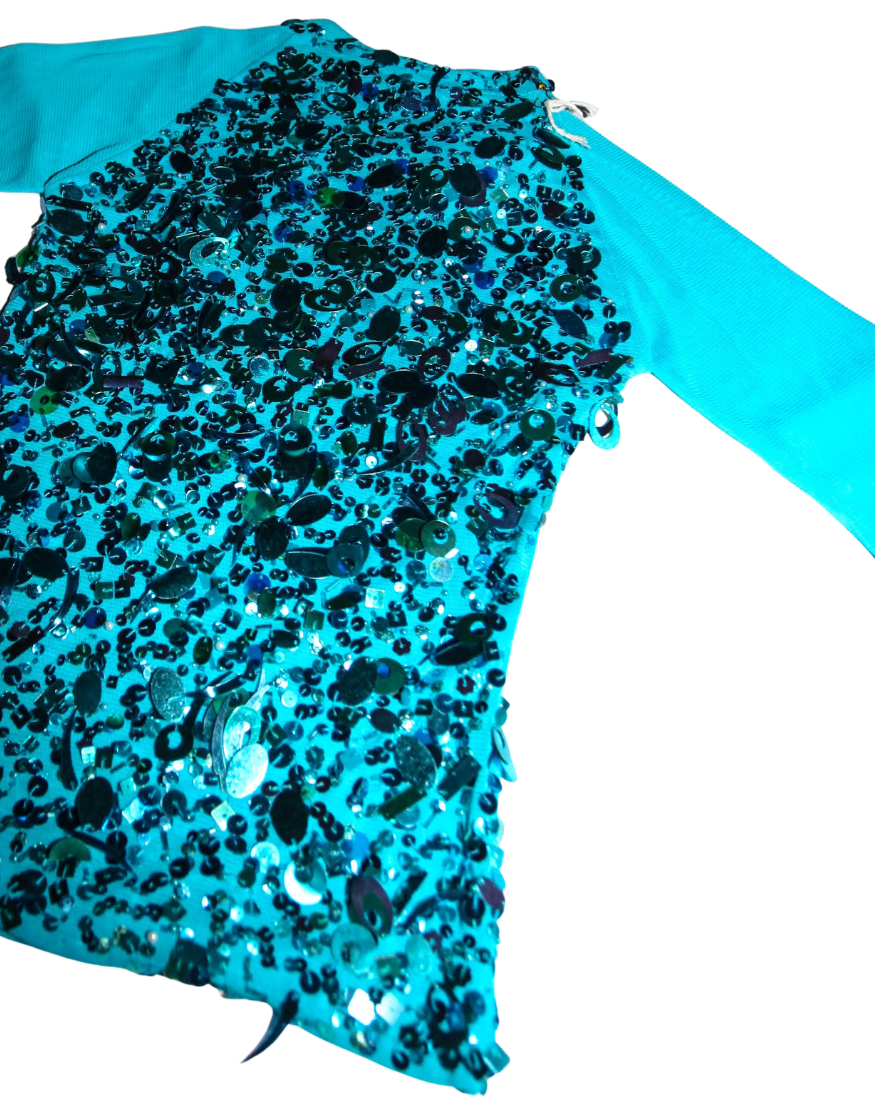 Y2K Blue Large Sequined Long Sleeve Mesh Top