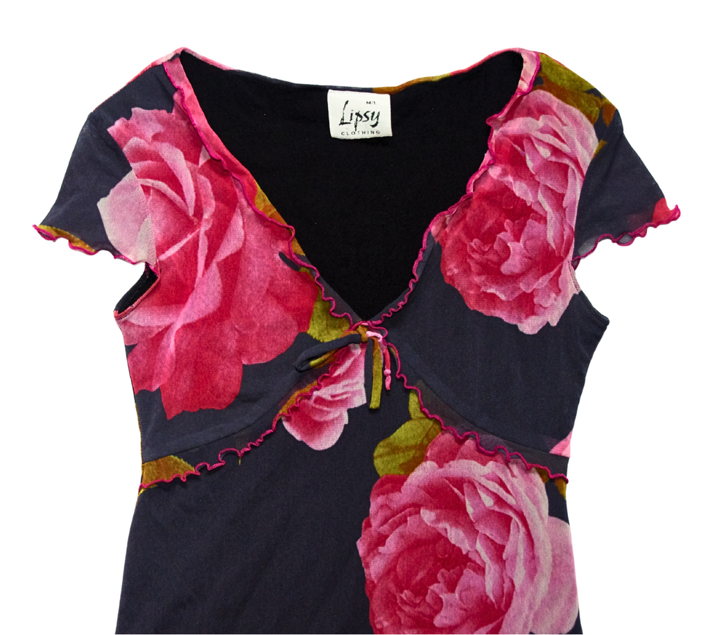 Grey Mesh Midi Dress with Pink Roses and Lettuce Hem