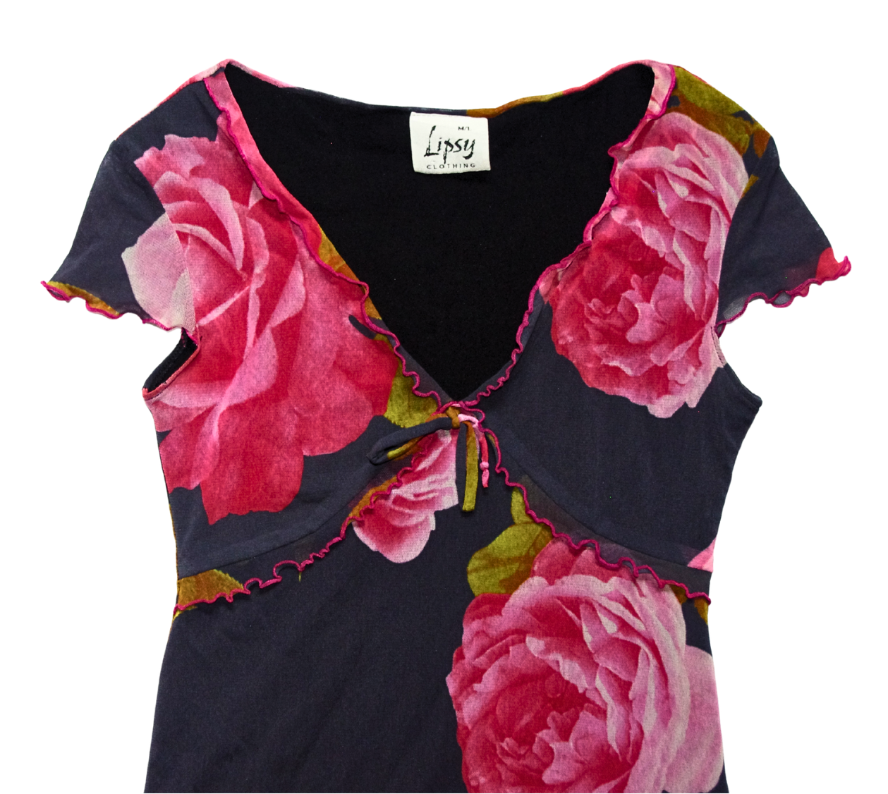 Grey Mesh Midi Dress with Pink Roses and Lettuce Hem