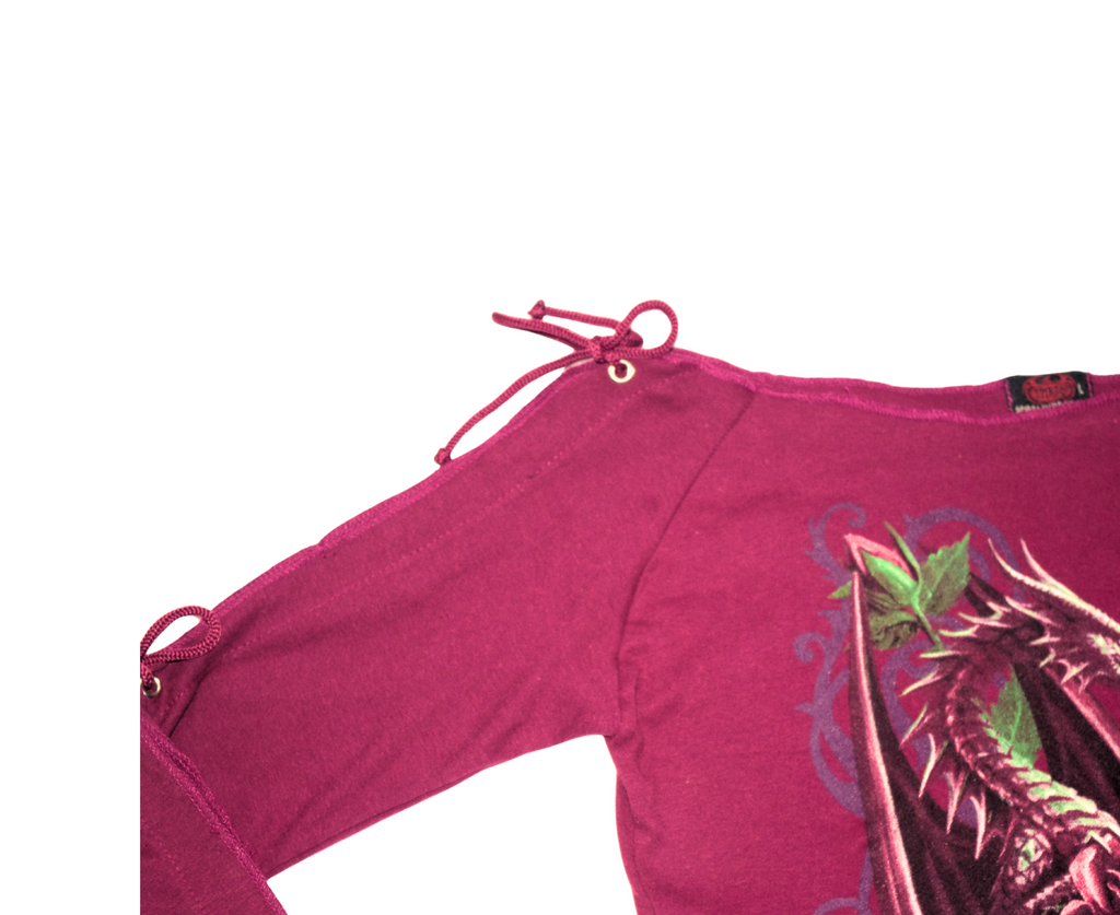 Y2K Wine Red Dragon Print Corset Tie Wing Sleeved Top